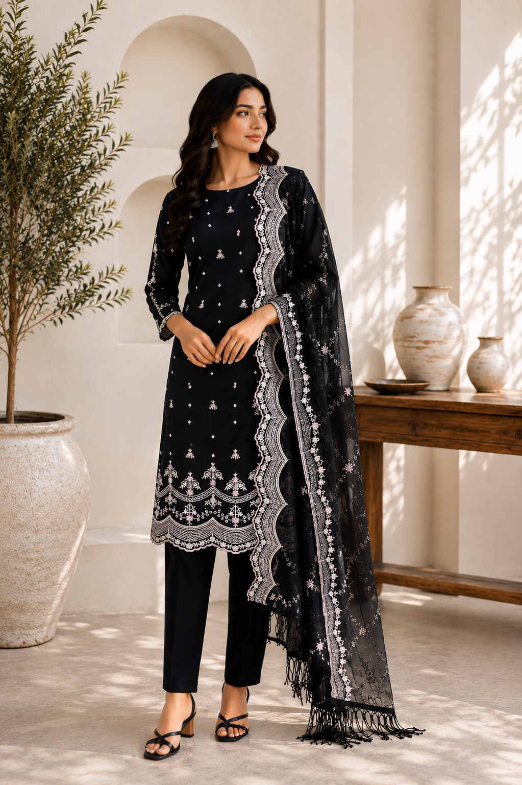 Black with White & Pink Cut-Work Suit-Set