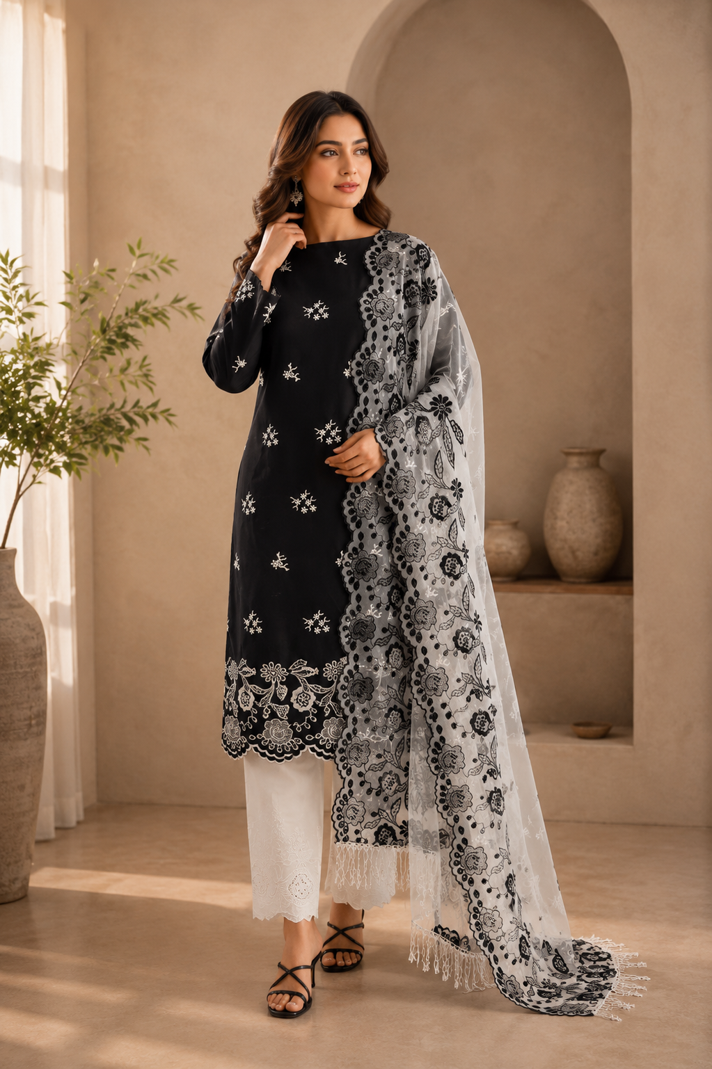 Black & White Peonies Twist Cut-Work Suit-Set