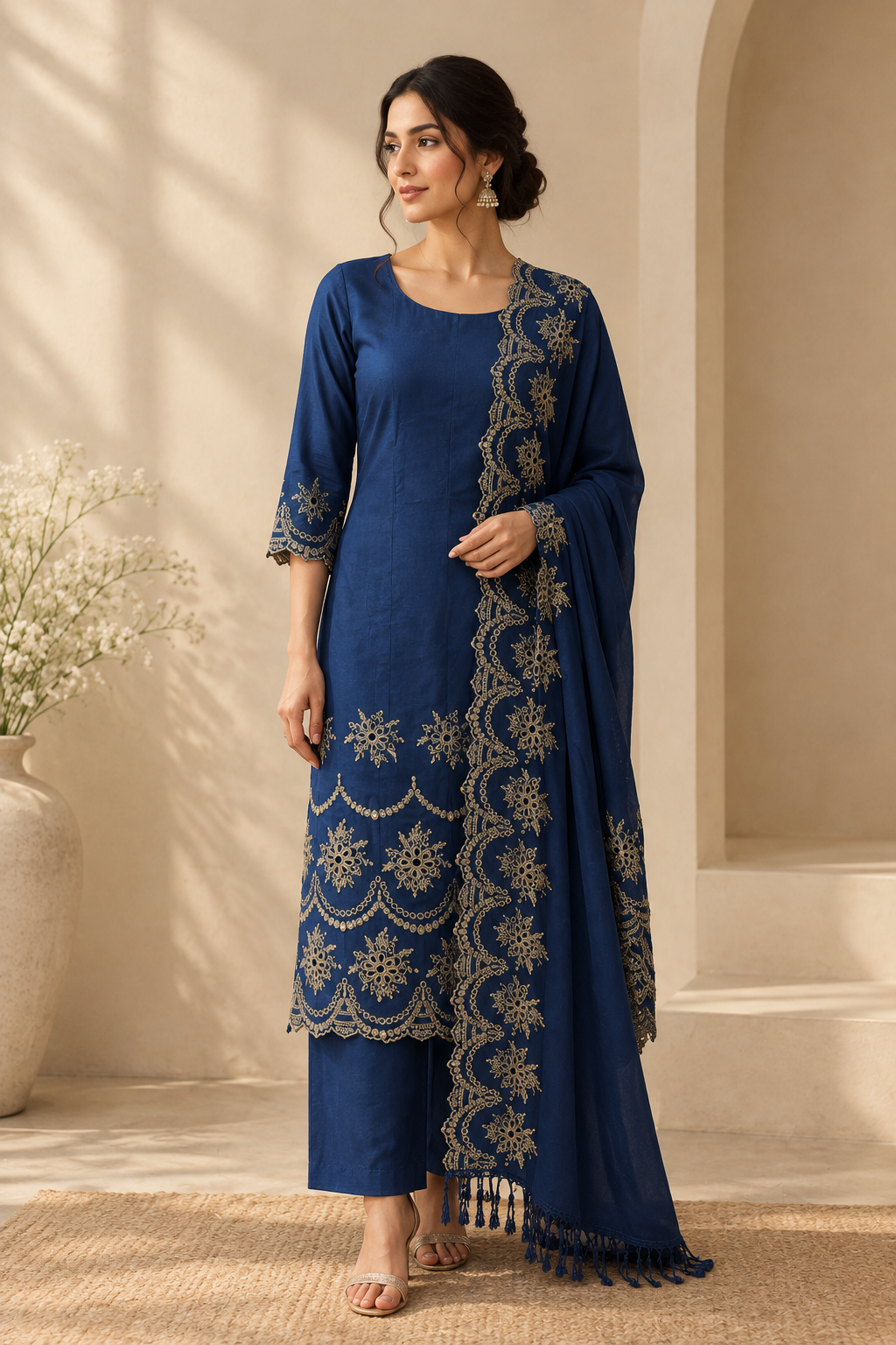 Prussian Blue & Zari Cut-Work Suit-Set