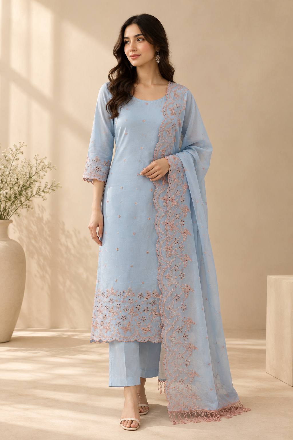 Pastel Blue with Pink Butterflies Cut-Work Suit-Set