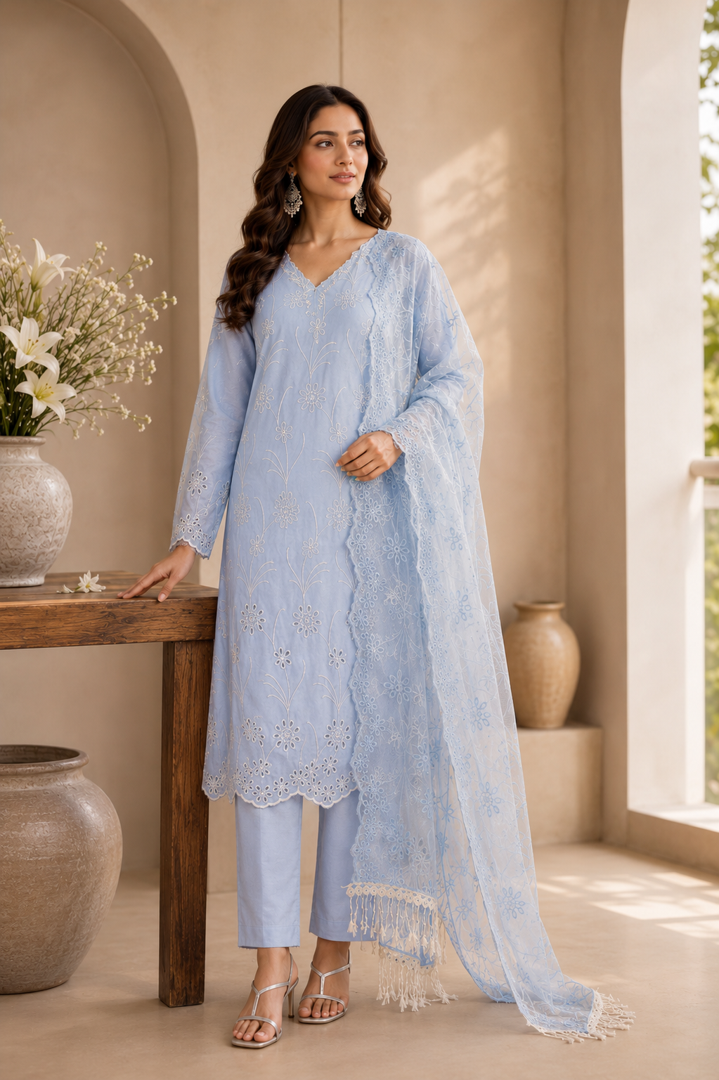 Powder Blue Flower Jaal Cut-Work Suit-Set