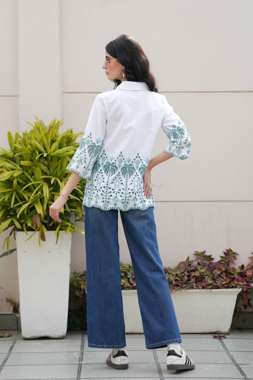 White with Cyan Green Cut-Work Top