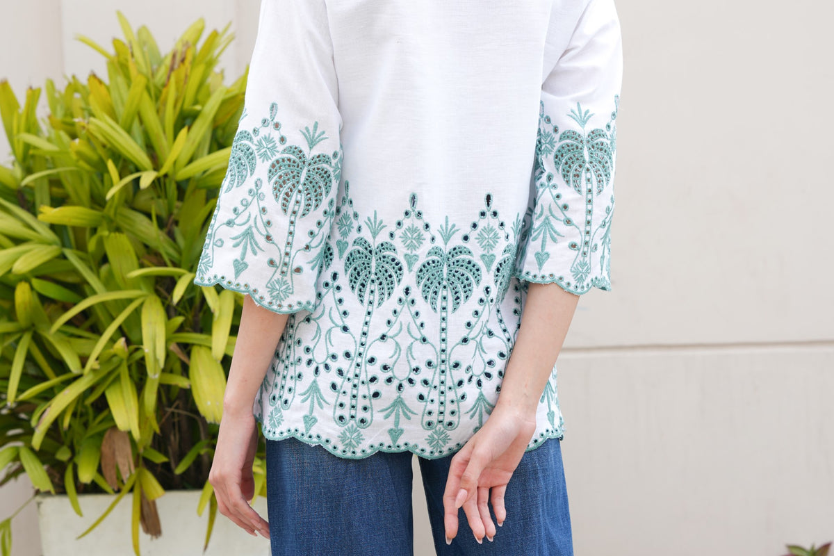White with Cyan Green Cut-Work Top