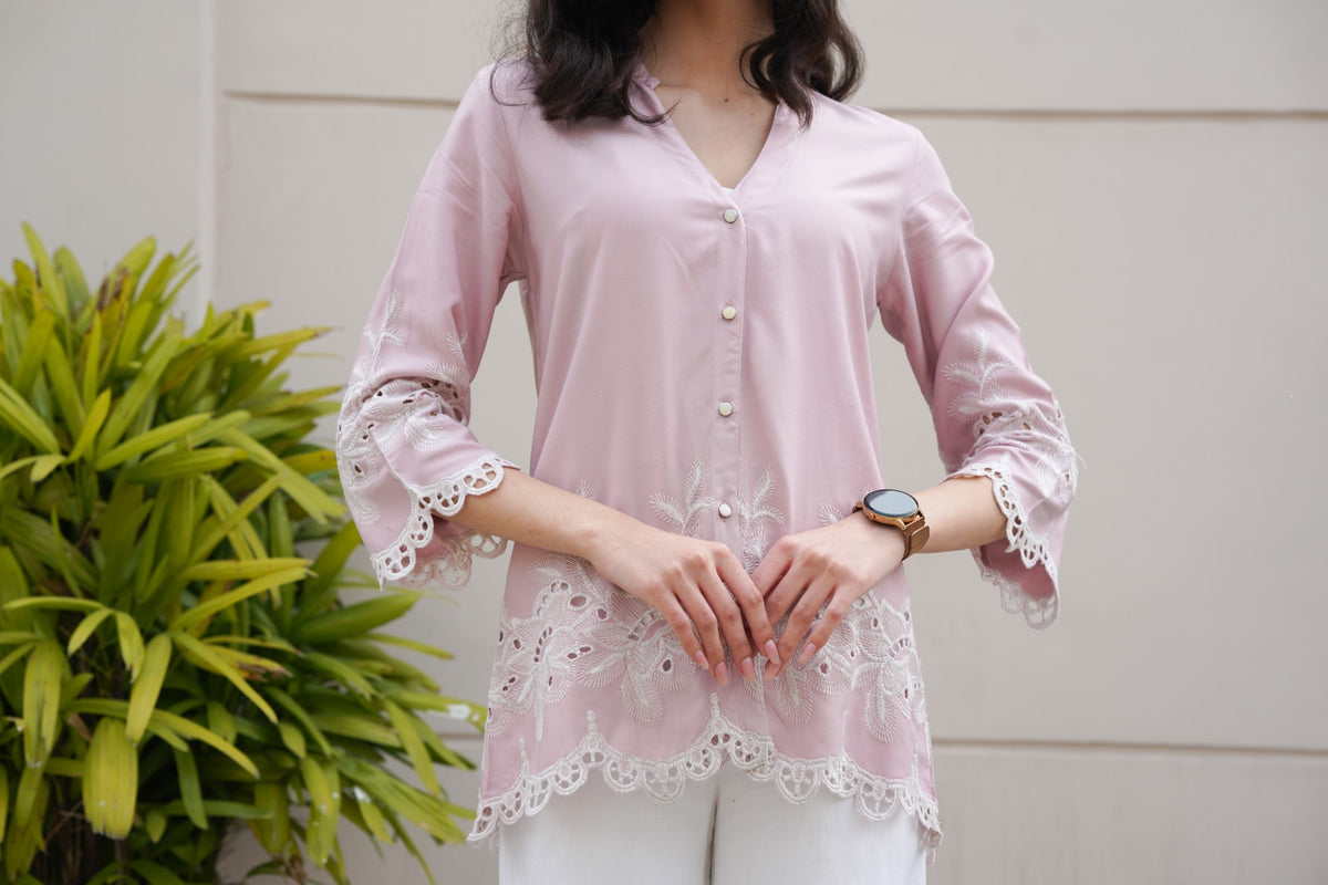 Nude Pink Roses Cut-Work Top