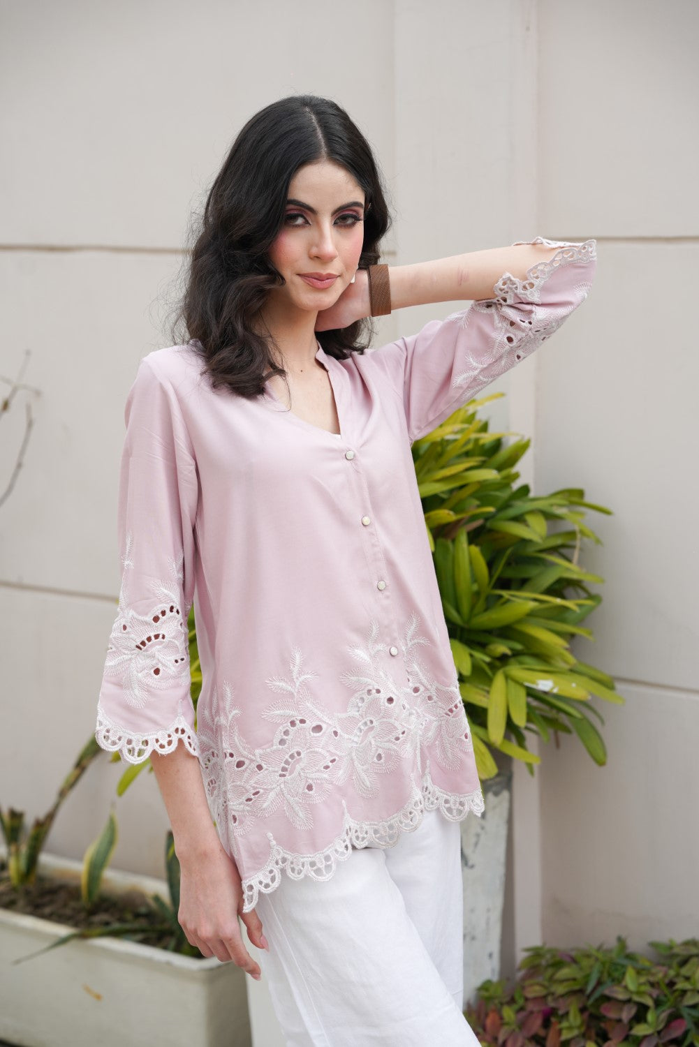 Nude Pink Roses Cut-Work Top