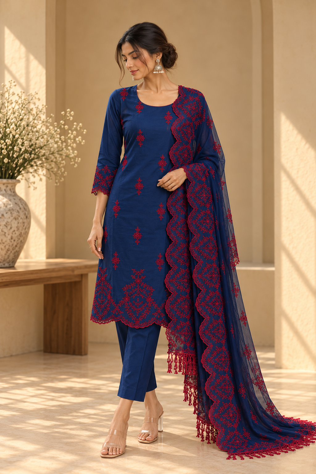 Midnight Blue with Red Cut-Work Suit-Set