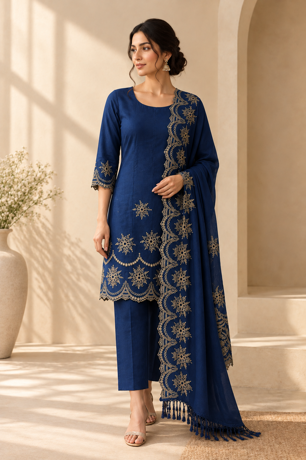 Prussian Blue & Zari Cut-Work Suit-Set