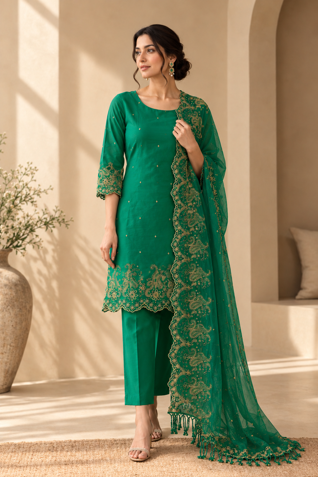 Emerald Green & Zari Cut-Work Suit-Set