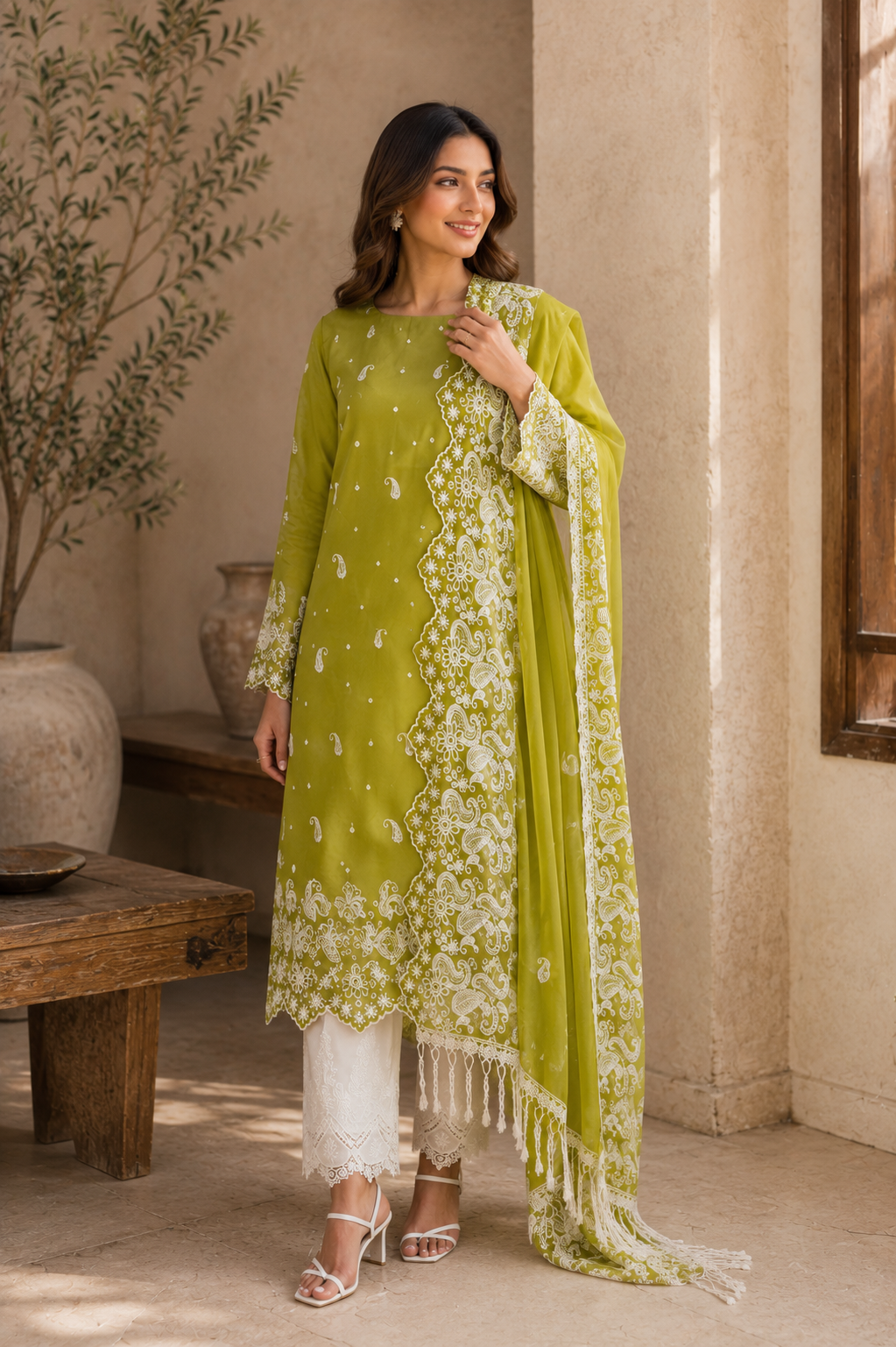 Lime Green Paisley Cut-Work Suit-Set