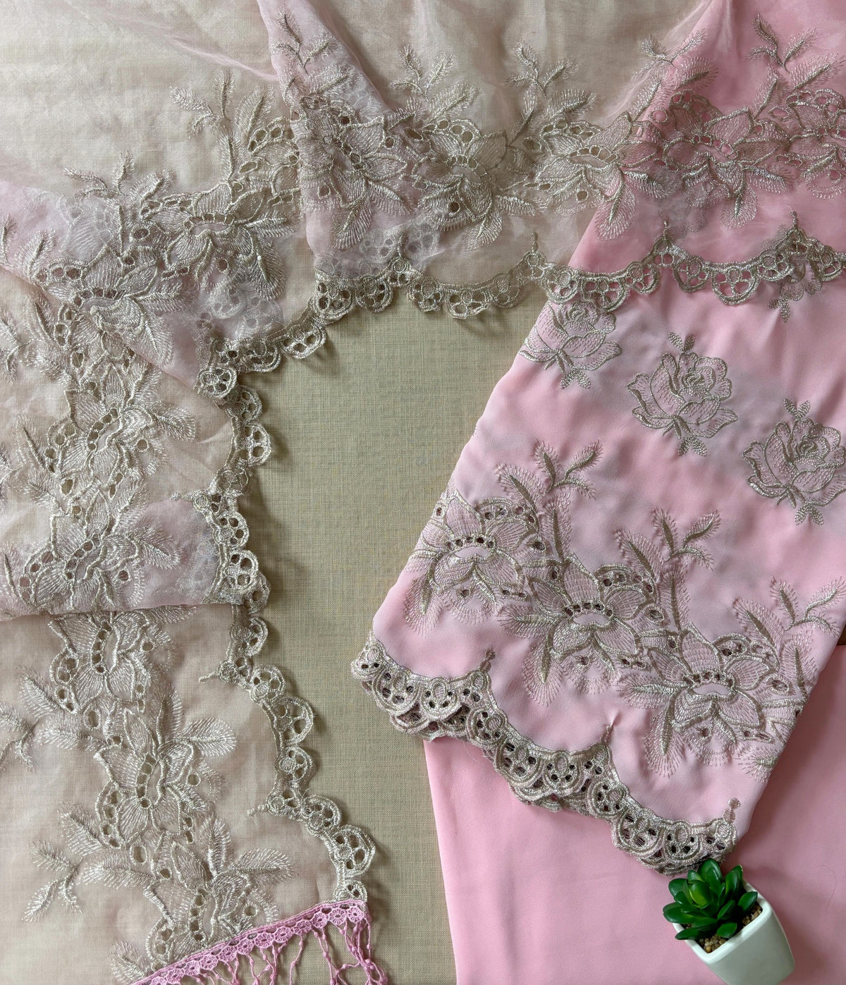Baby Pink Roses Zari Cut-Work Georgette Suit-Set