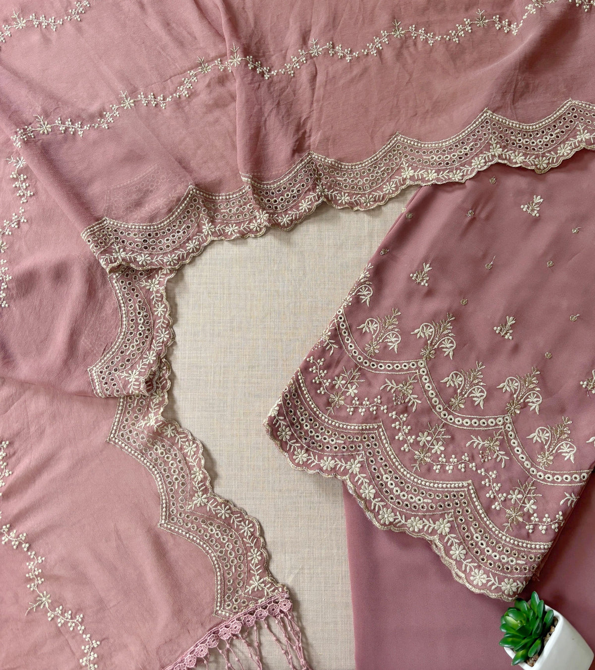 Rust Pink Zari Cut-Work Georgette Suit-Set