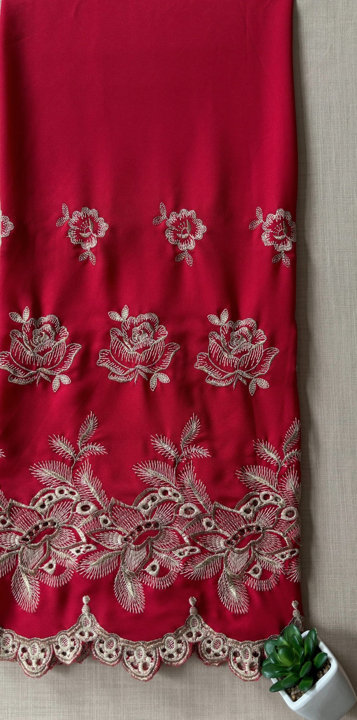 Scarlet Red Zari Cut-Work Georgette Suit-Set