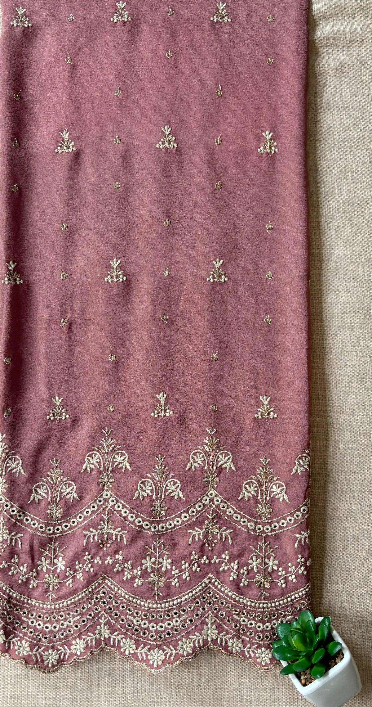 Rust Pink Zari Cut-Work Georgette Suit-Set
