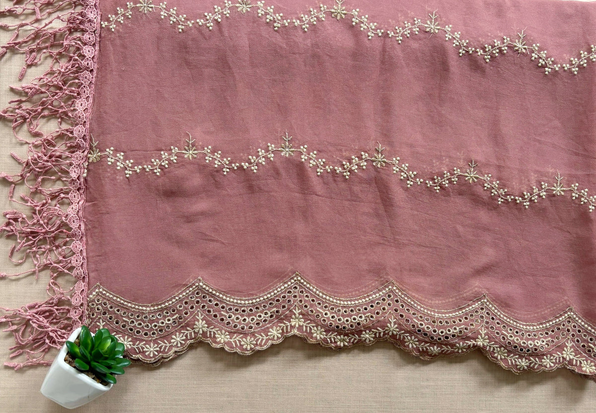 Rust Pink Zari Cut-Work Georgette Suit-Set
