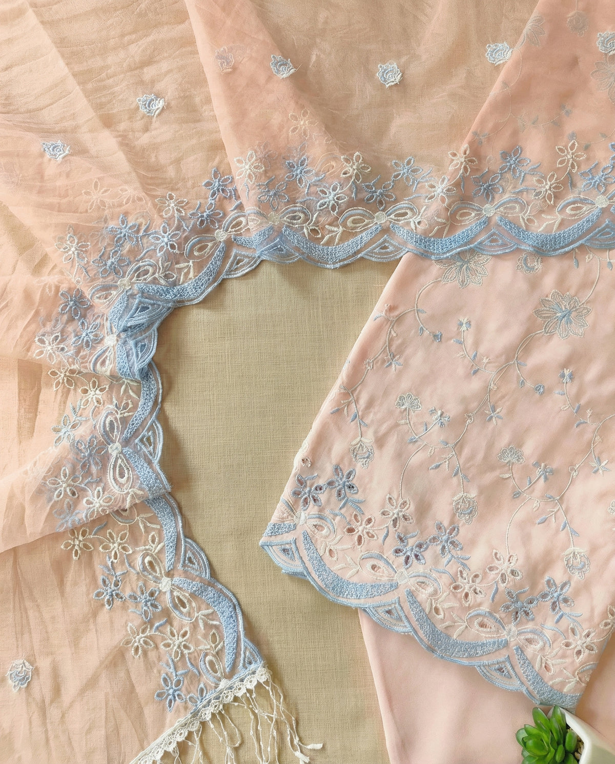 Peach with 2 Color Cut-Work Suit-Set