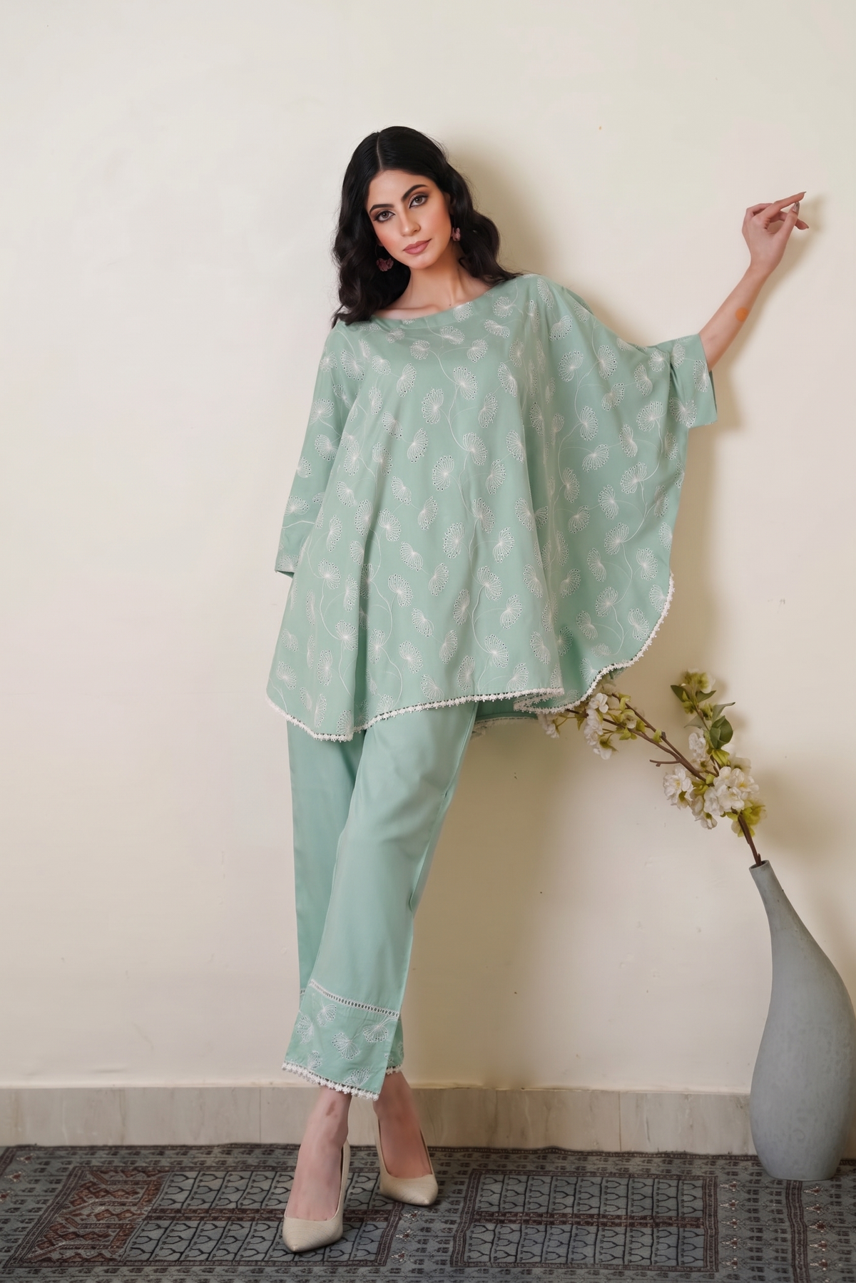 Pistachio Green Cape Cut-Work Co-ord Set