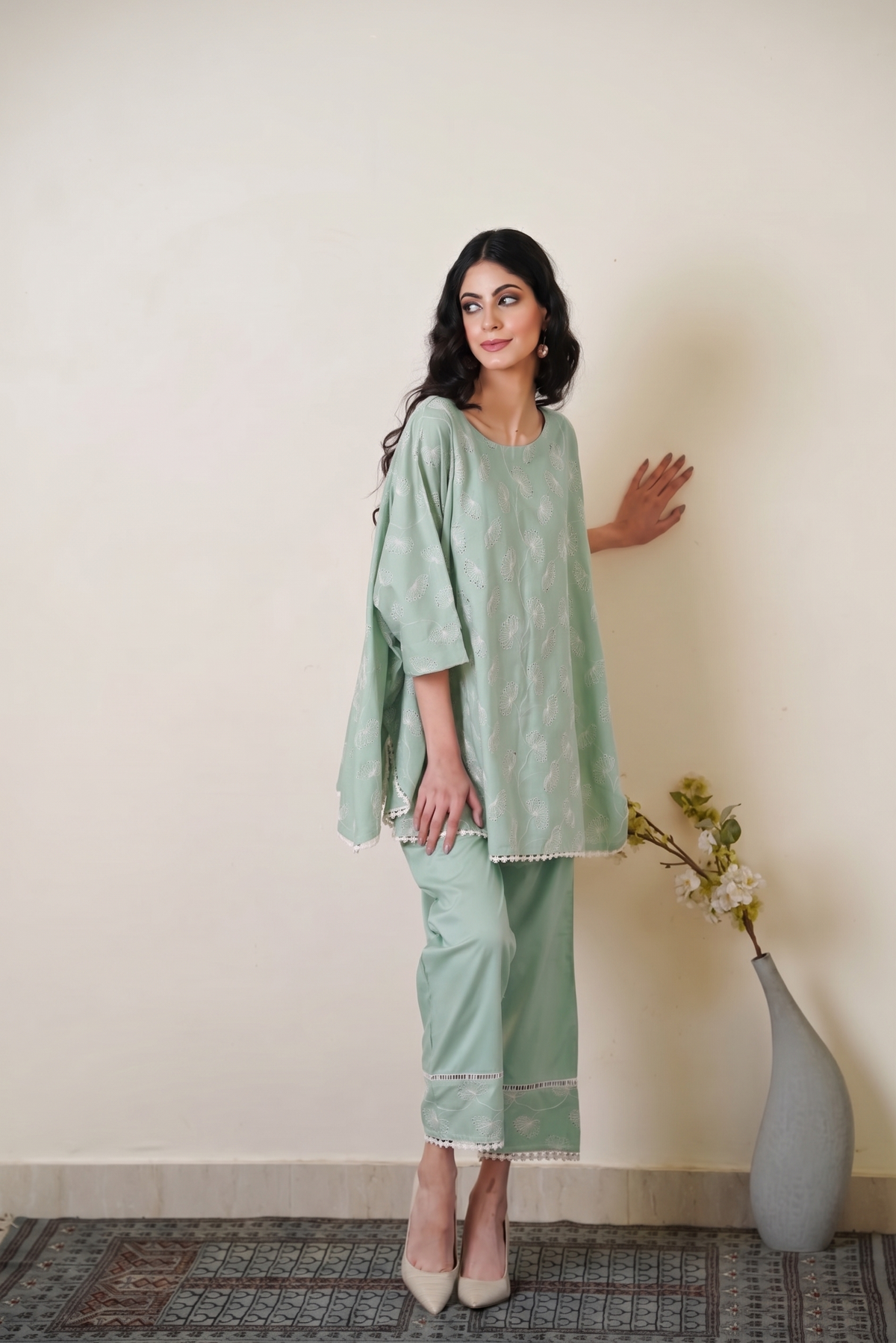 Pistachio Green Cape Cut-Work Co-ord Set