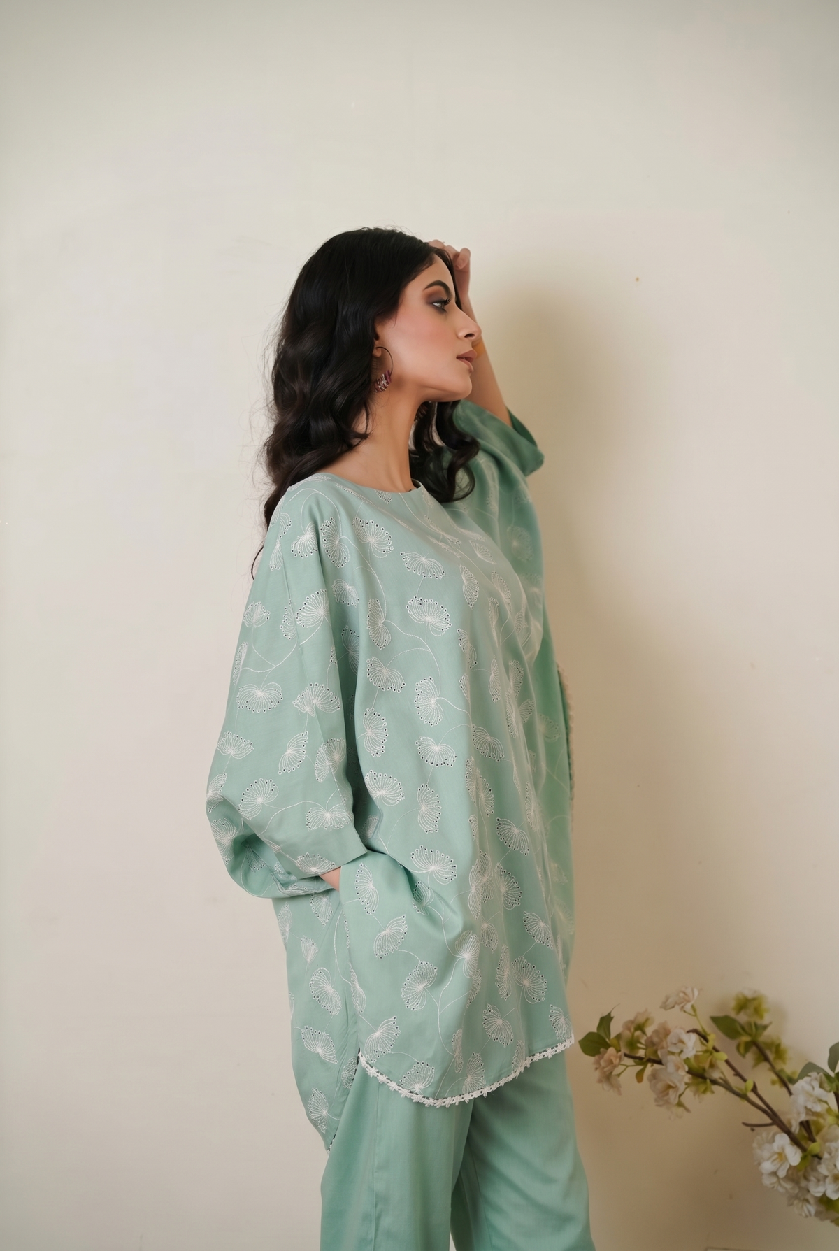 Pistachio Green Cape Cut-Work Co-ord Set