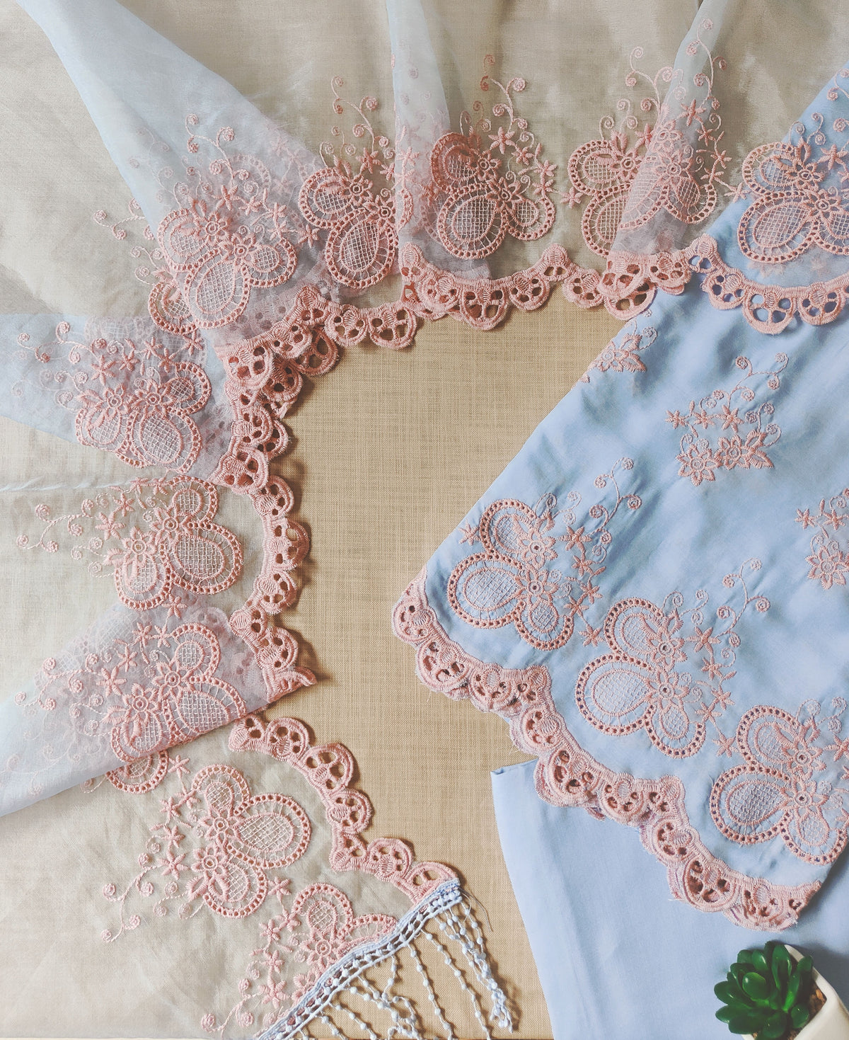 Pastel Blue with Peach Hibiscus Cut-Work Suit-Set