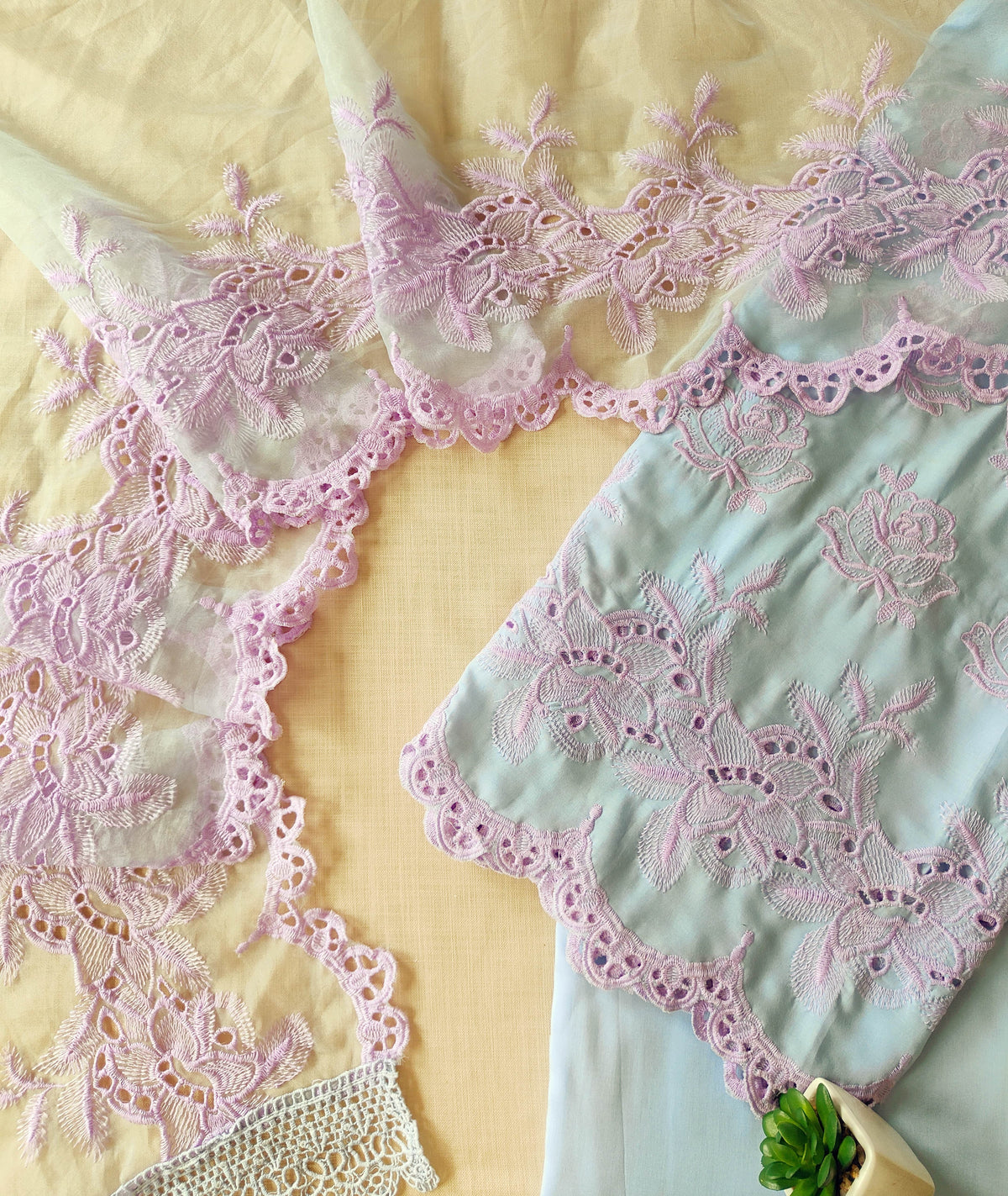 Sea Blue with Lilac Roses Cut-Work Suit-Set