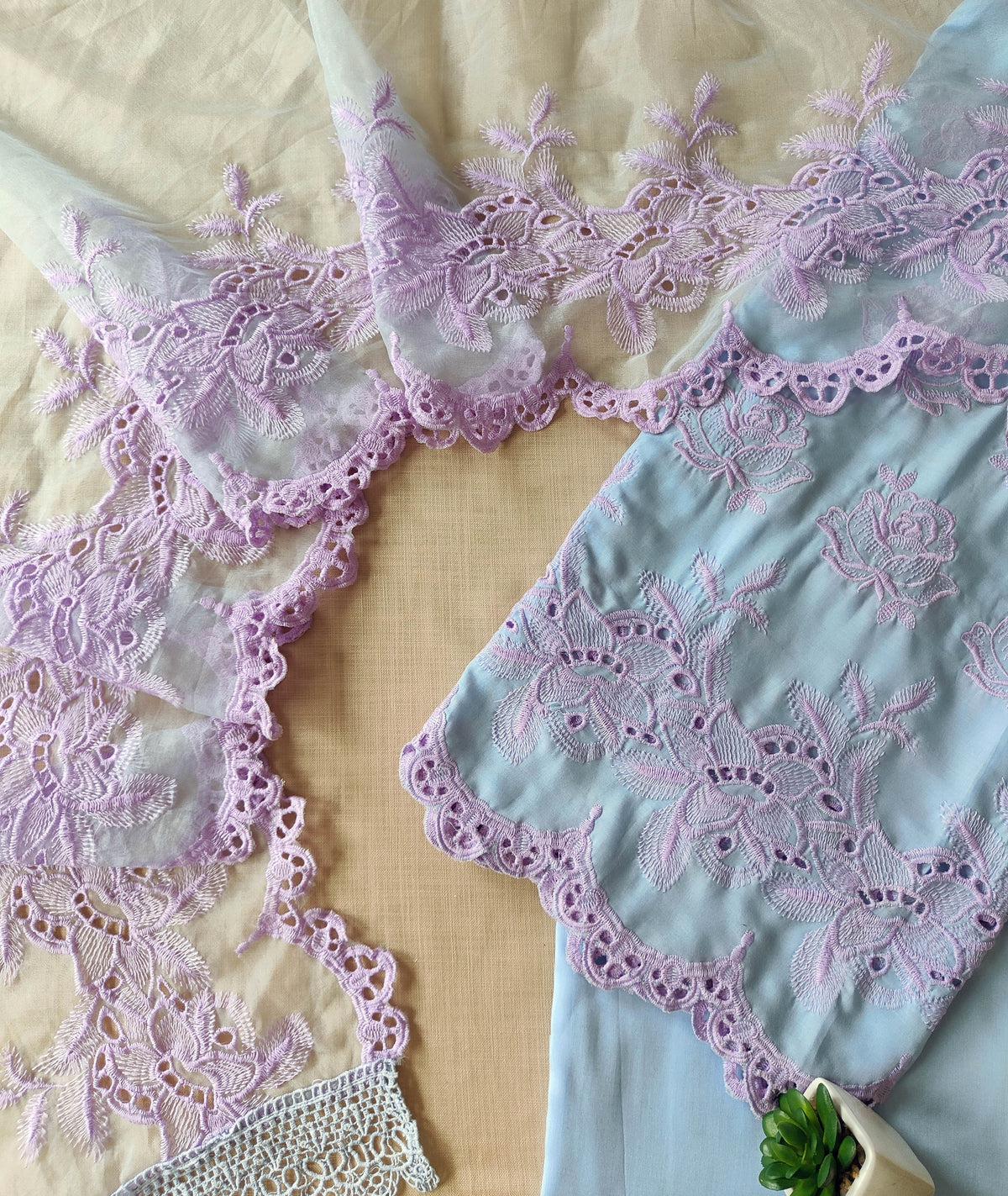 Pastel Blue with Lilac Roses Cut-Work Suit-Set