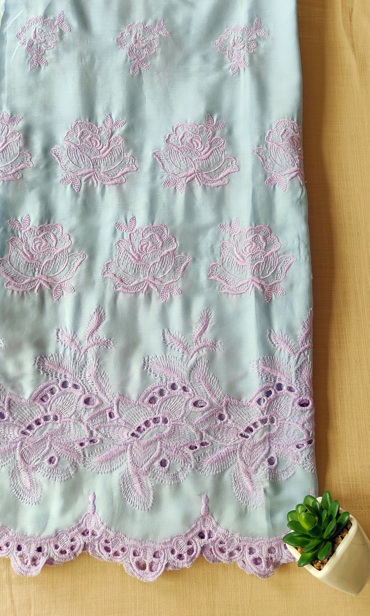 Sea Blue with Lilac Roses Cut-Work Suit-Set