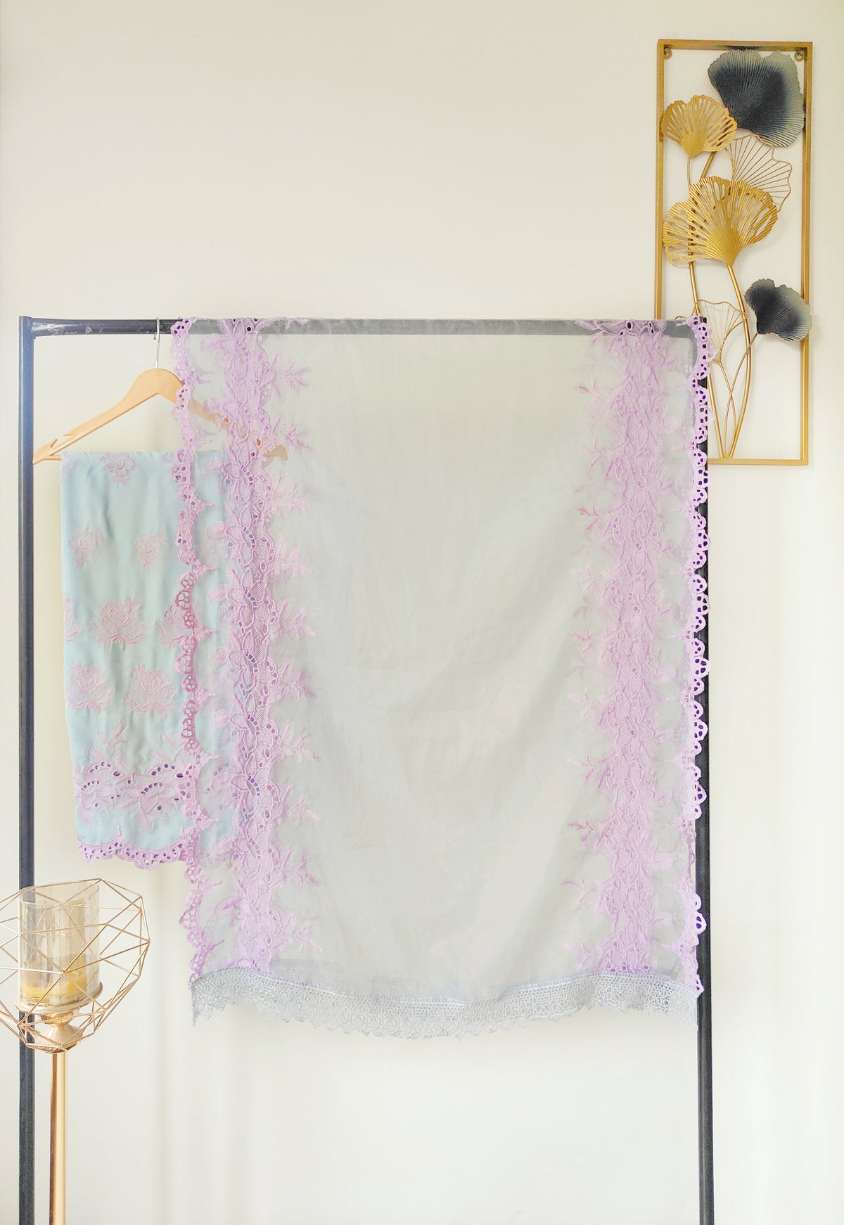 Sea Blue with Lilac Roses Cut-Work Suit-Set