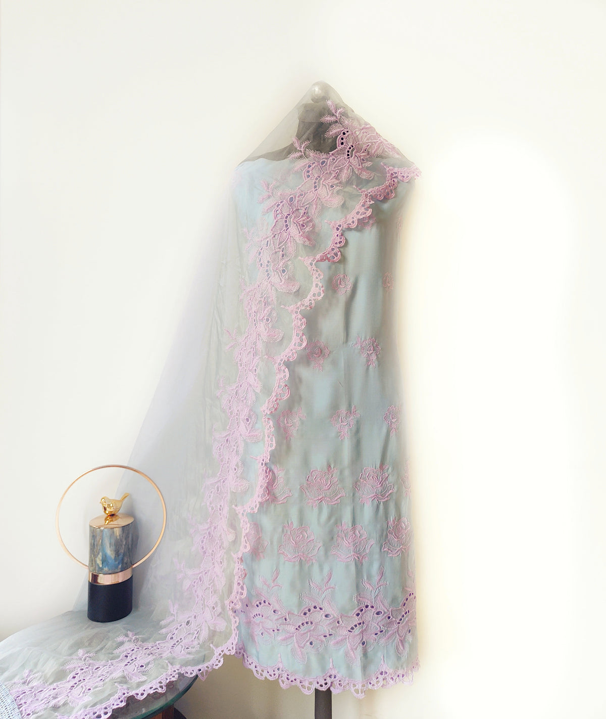 Sea Blue with Lilac Roses Cut-Work Suit-Set