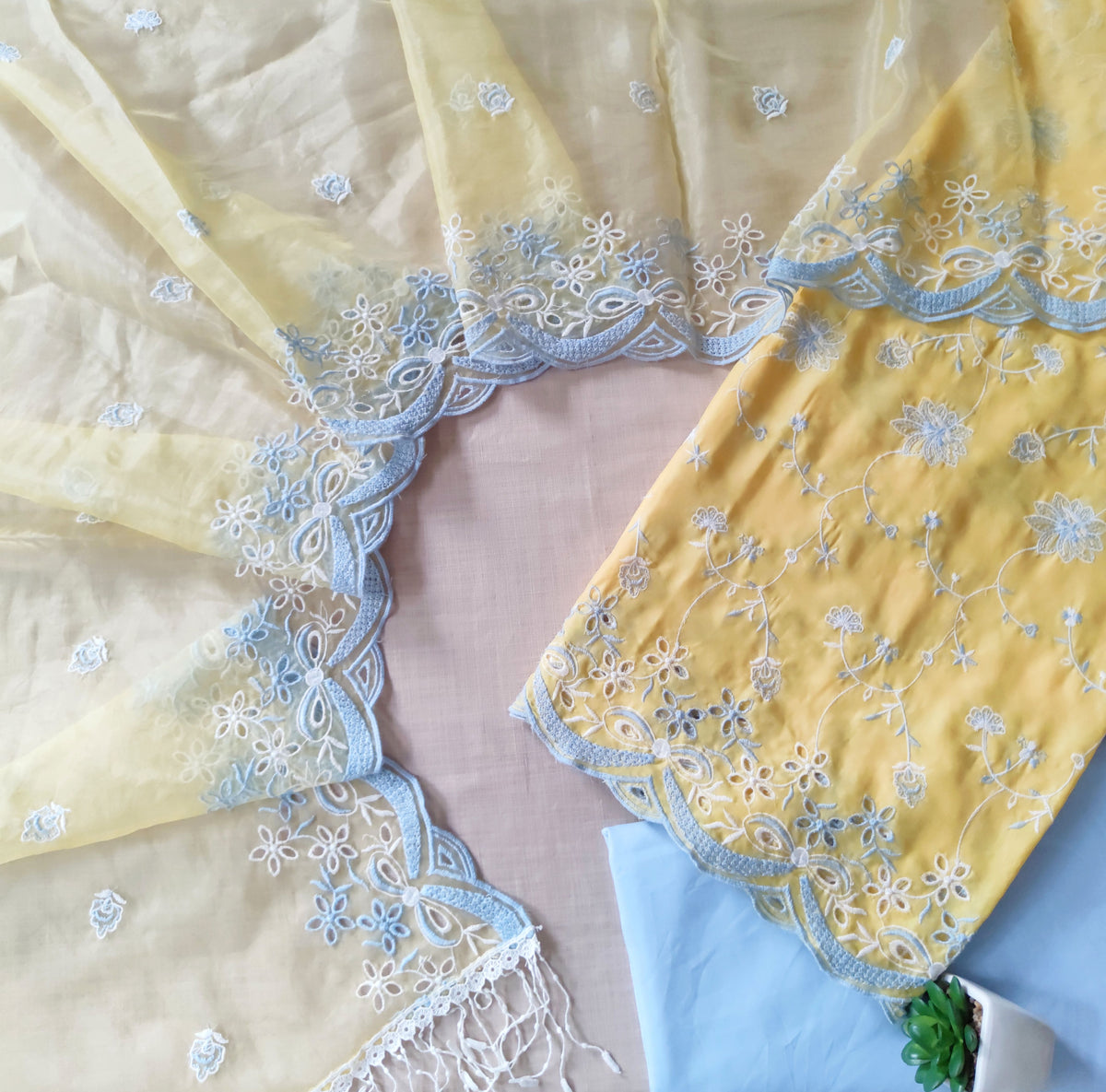 Sunrise Yellow with 2 Color Cut-Work Suit-Set