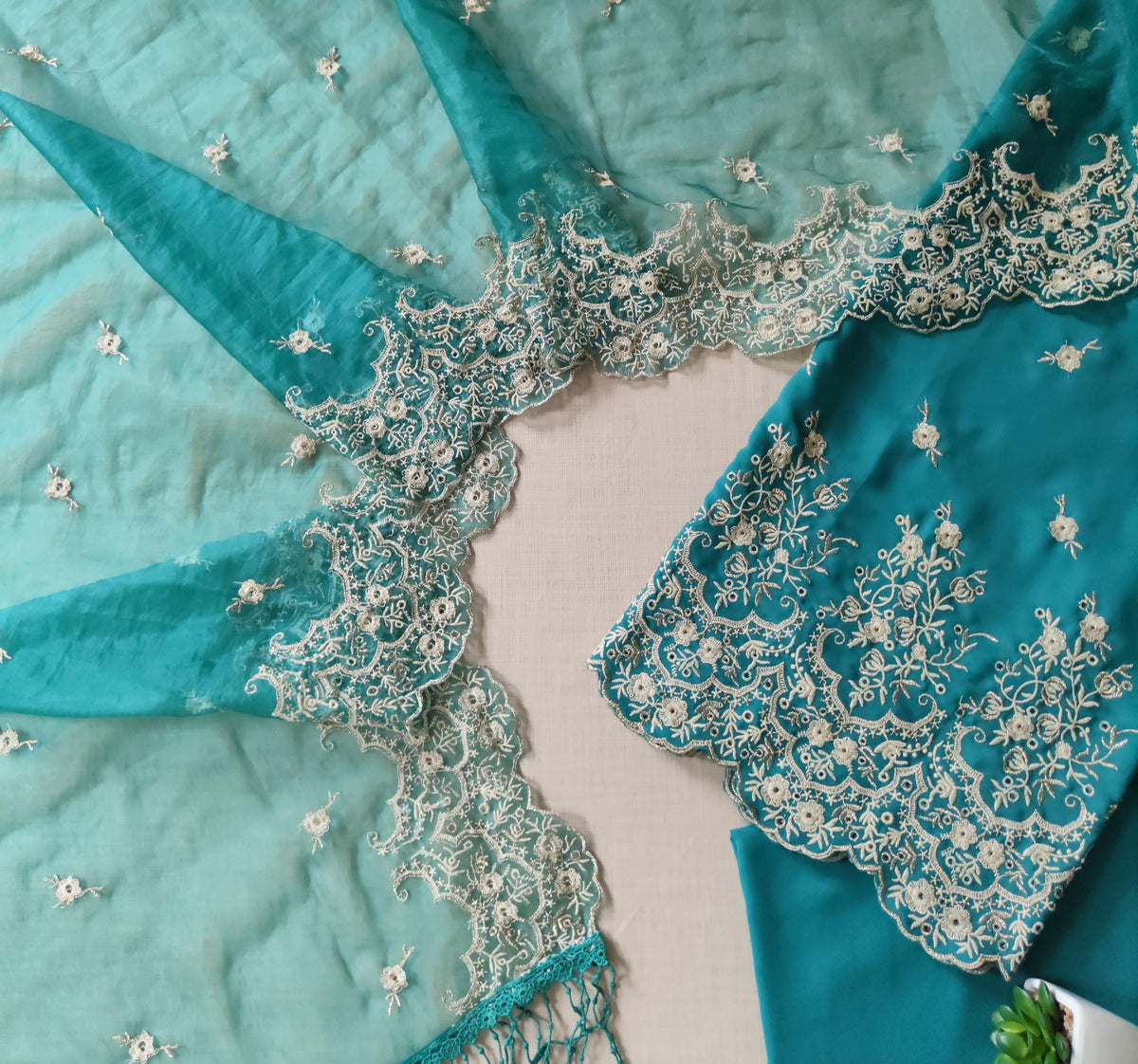 Peacock Blue Zari Cut-Work Georgette Suit-Set
