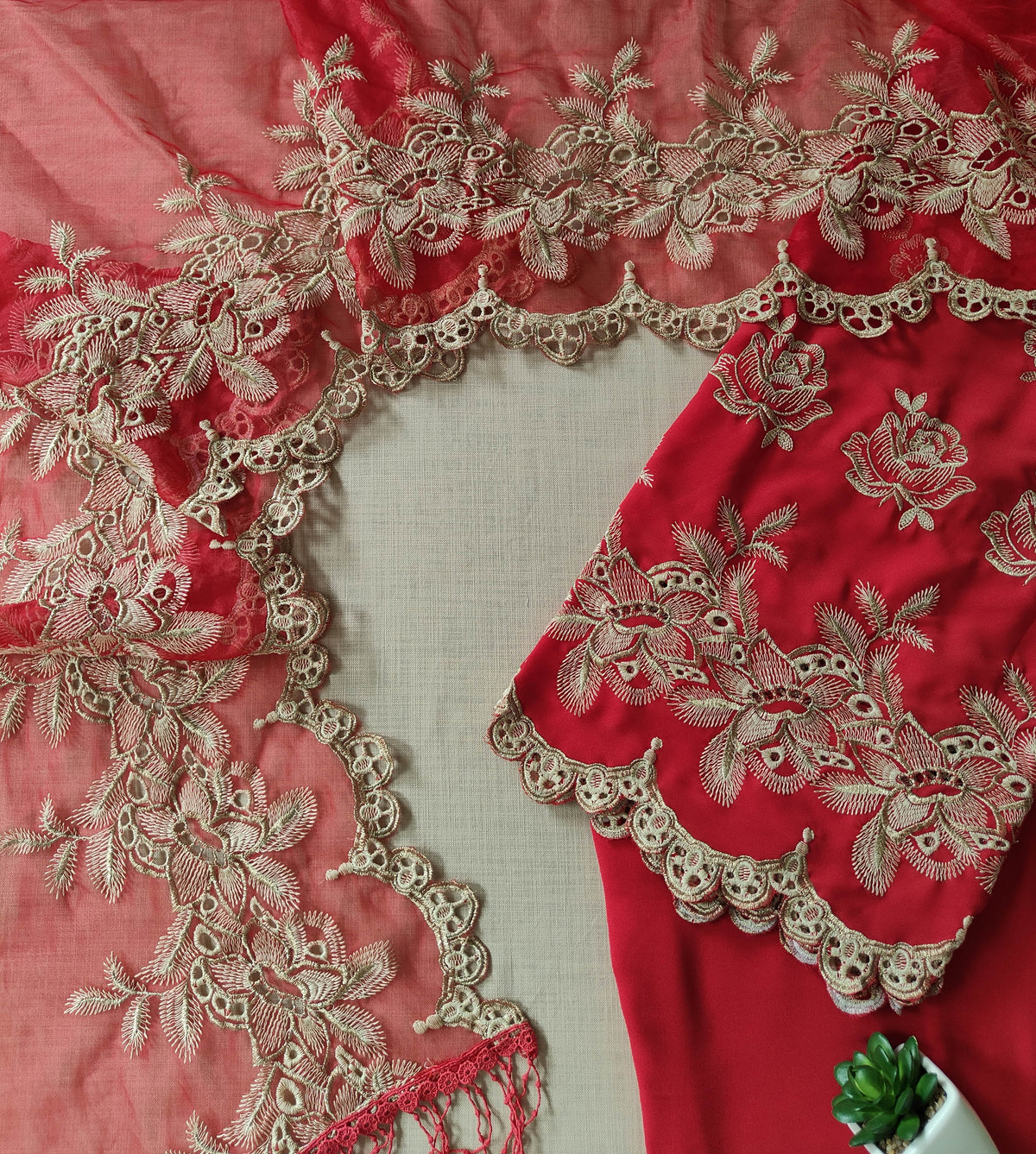 Scarlet Red Zari Cut-Work Georgette Suit-Set