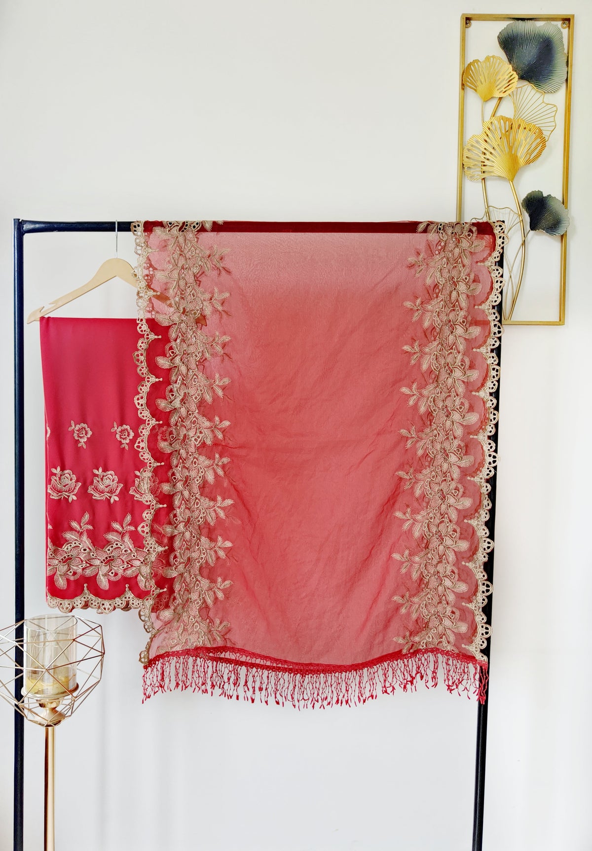 Scarlet Red Zari Cut-Work Georgette Suit-Set