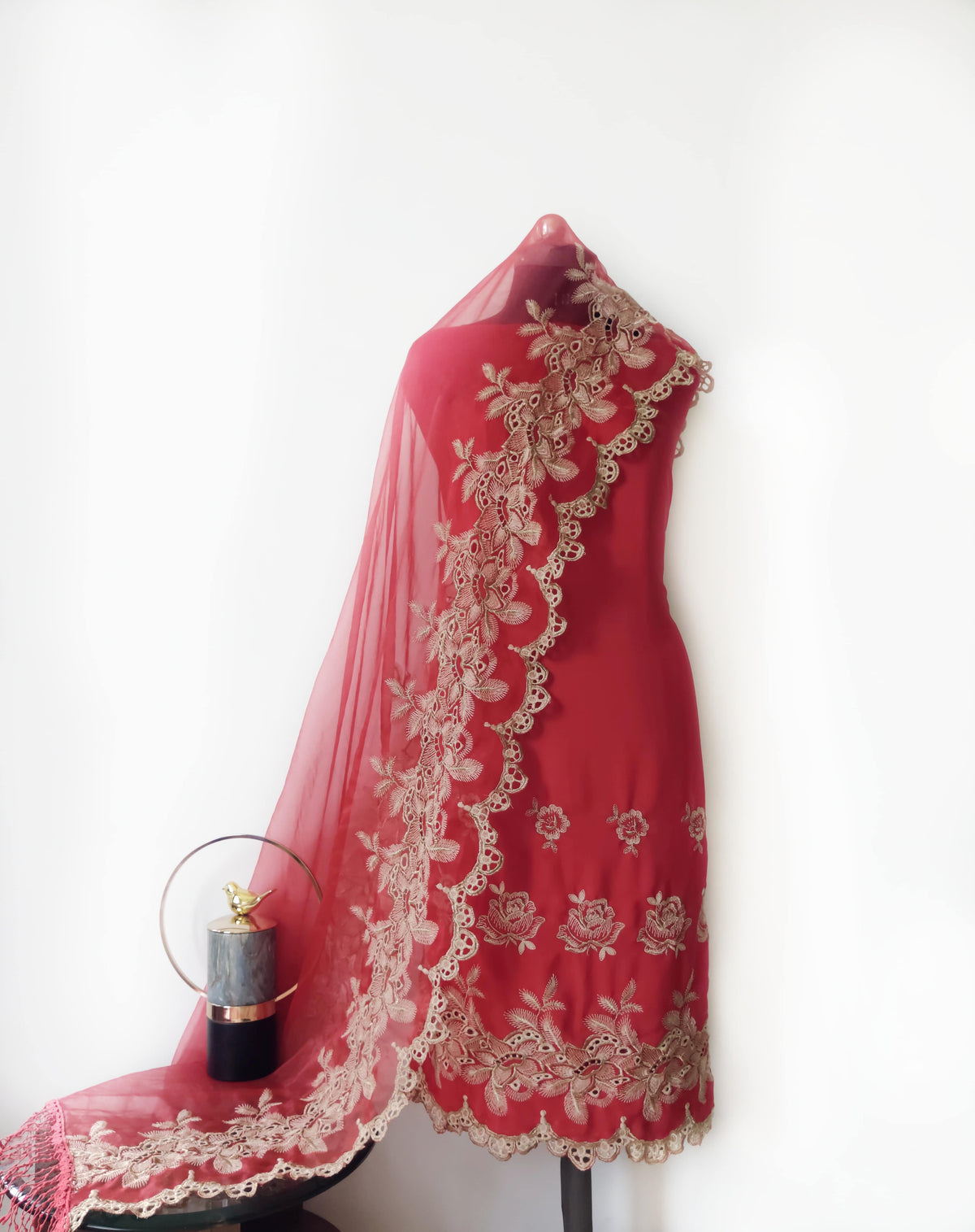 Scarlet Red Zari Cut-Work Georgette Suit-Set