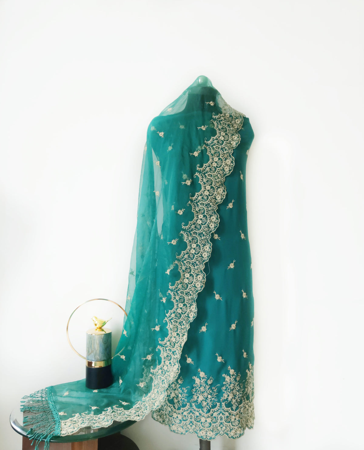 Peacock Green Zari Cut-Work Georgette Suit-Set