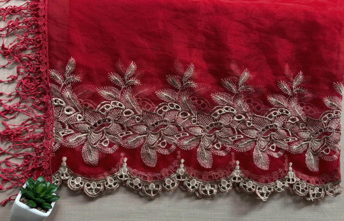 Scarlet Red Zari Cut-Work Georgette Suit-Set