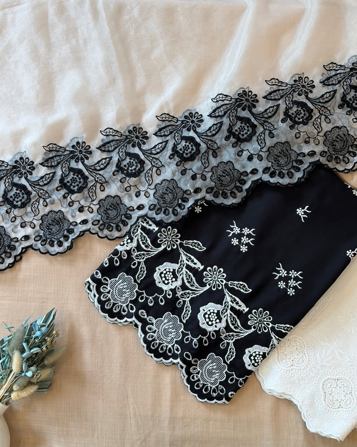 Black & White Peonies Twist Cut-Work Suit-Set