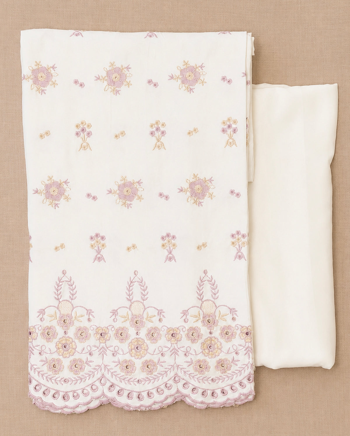 Off-White with Pink & Beige Cut-Work Suit-Set