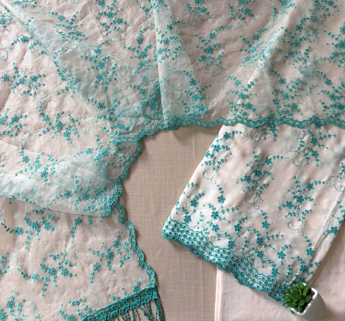 Off-White with Cyan Blue Cut-Work Suit-Set