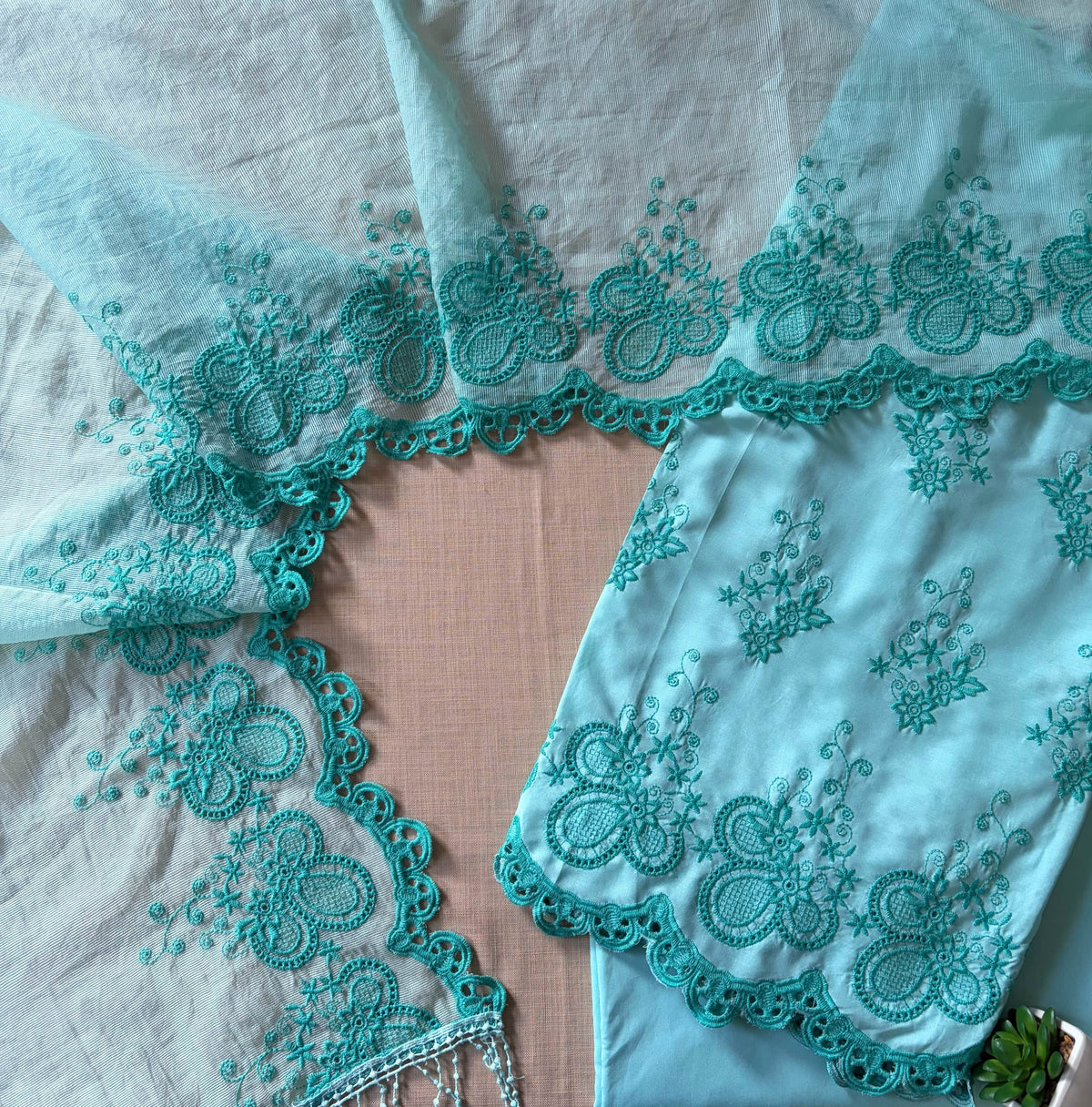 Sea Blue with Cyan Blue Cut-Work Suit-Set