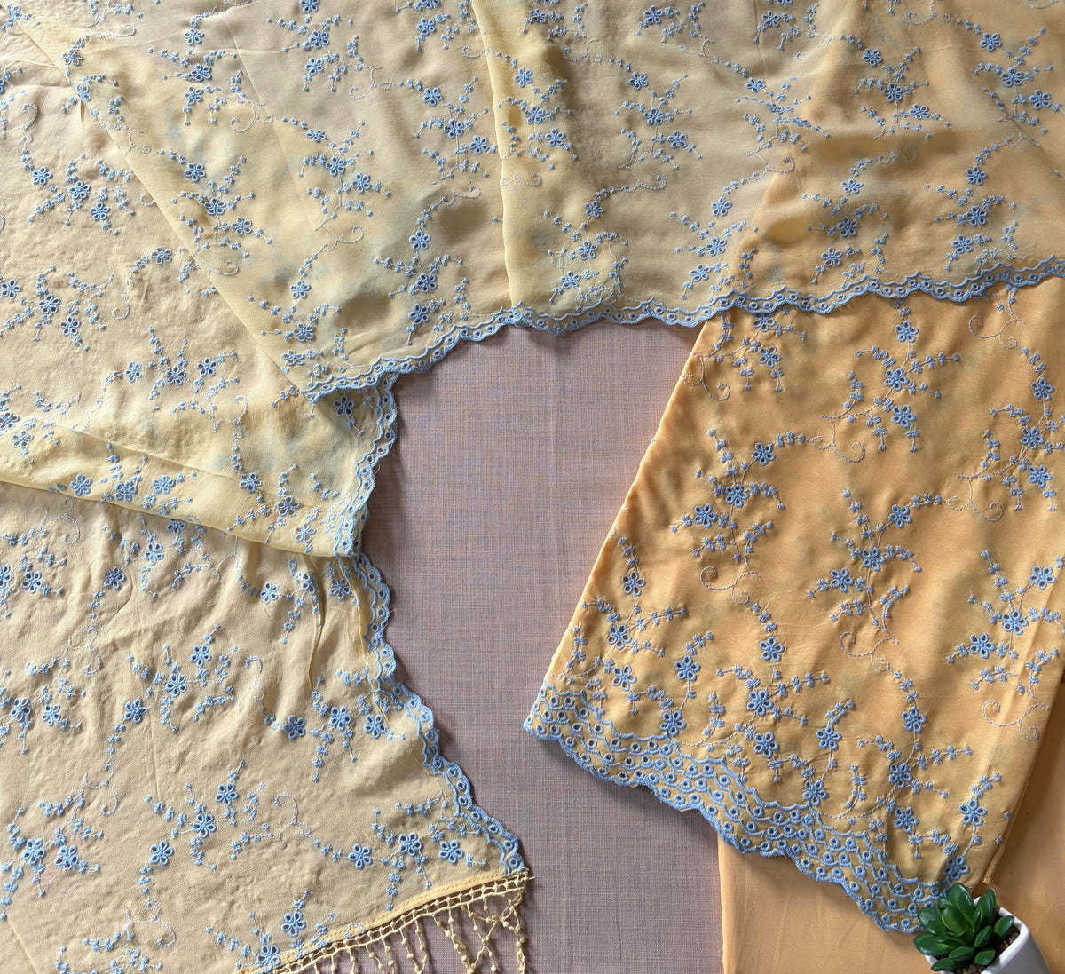 Pastel Yellow & Blue Jaal Cut-Work Suit-Set