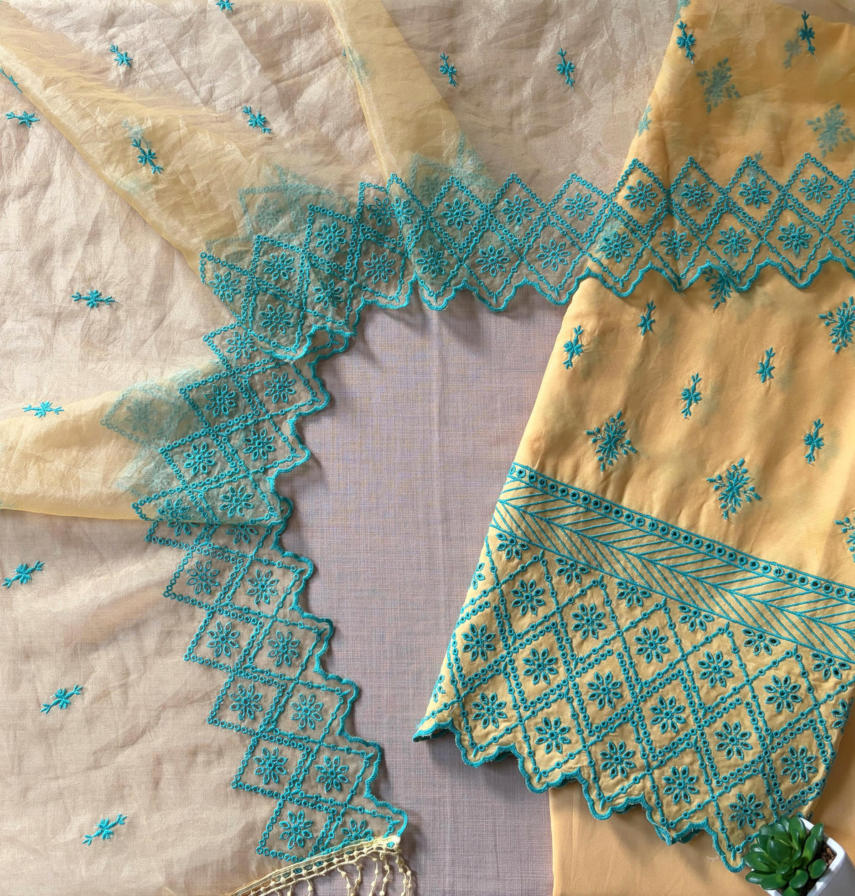 Pastel Yellow with Cyan Blue Cut-Work Suit-Set