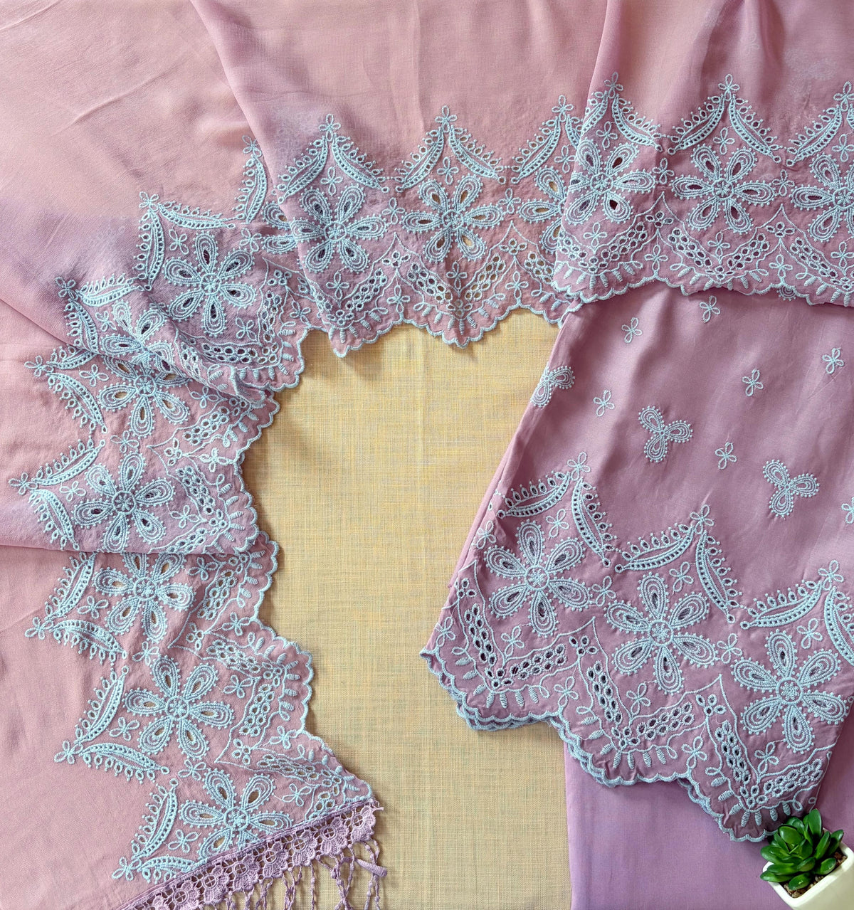 Mauve with Pastel Blue Cut-Work Suit-Set