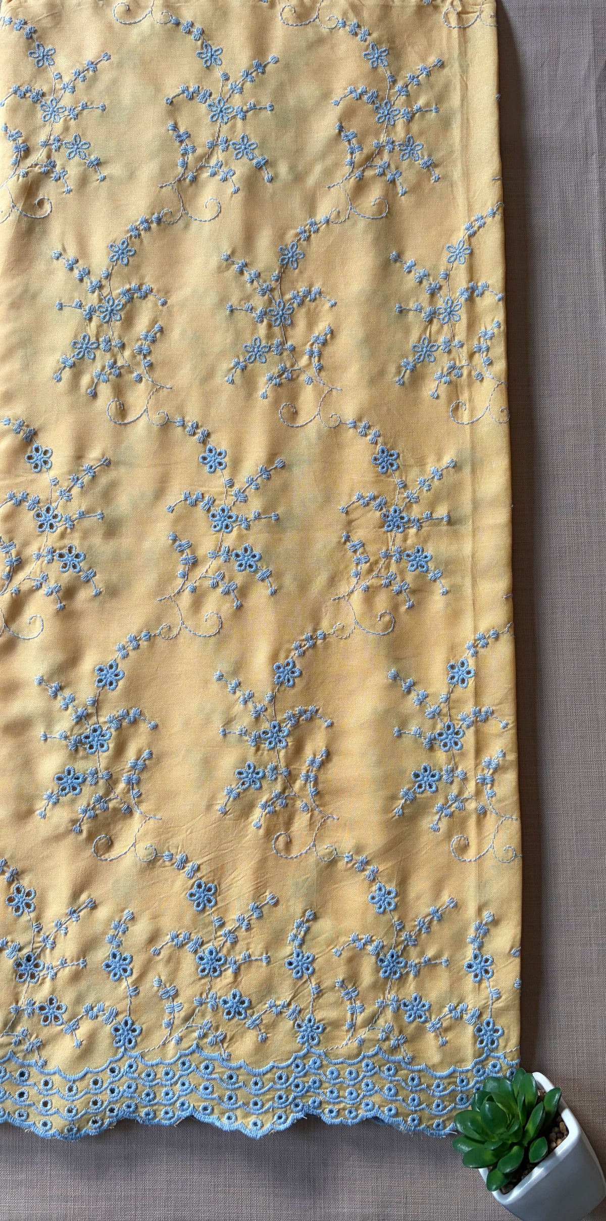 Pastel Yellow & Blue Jaal Cut-Work Suit-Set