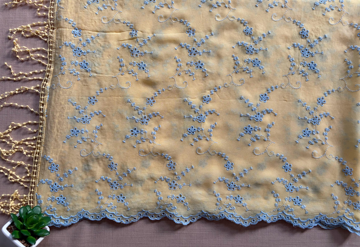 Pastel Yellow & Blue Jaal Cut-Work Suit-Set