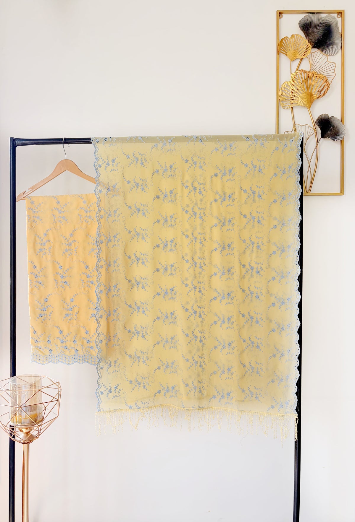 Pastel Yellow & Blue Jaal Cut-Work Suit-Set