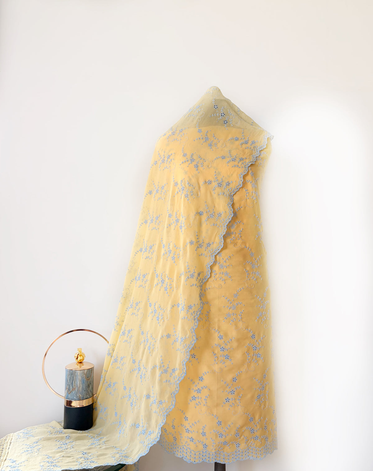 Pastel Yellow & Blue Jaal Cut-Work Suit-Set