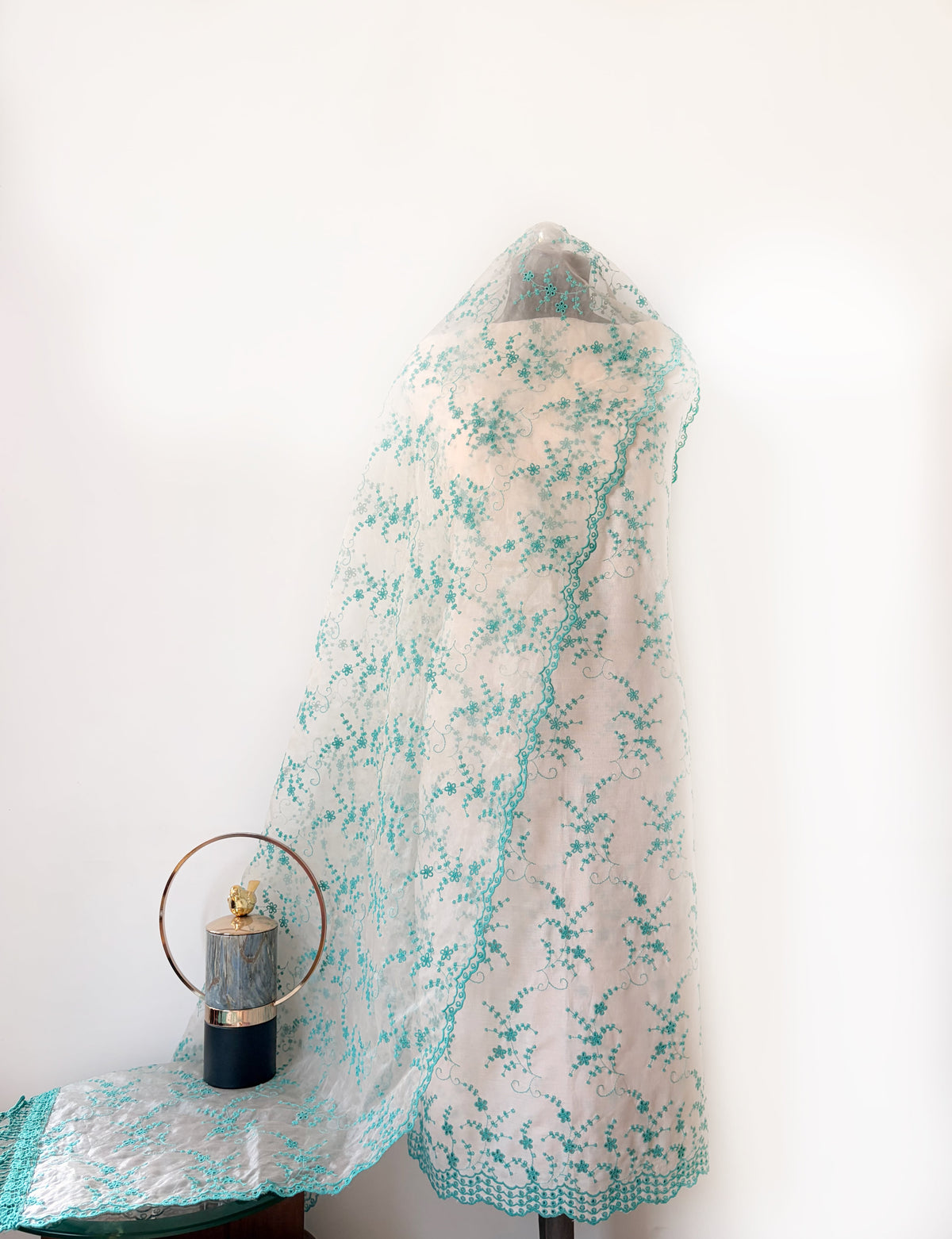 Off-White with Cyan Blue Cut-Work Suit-Set