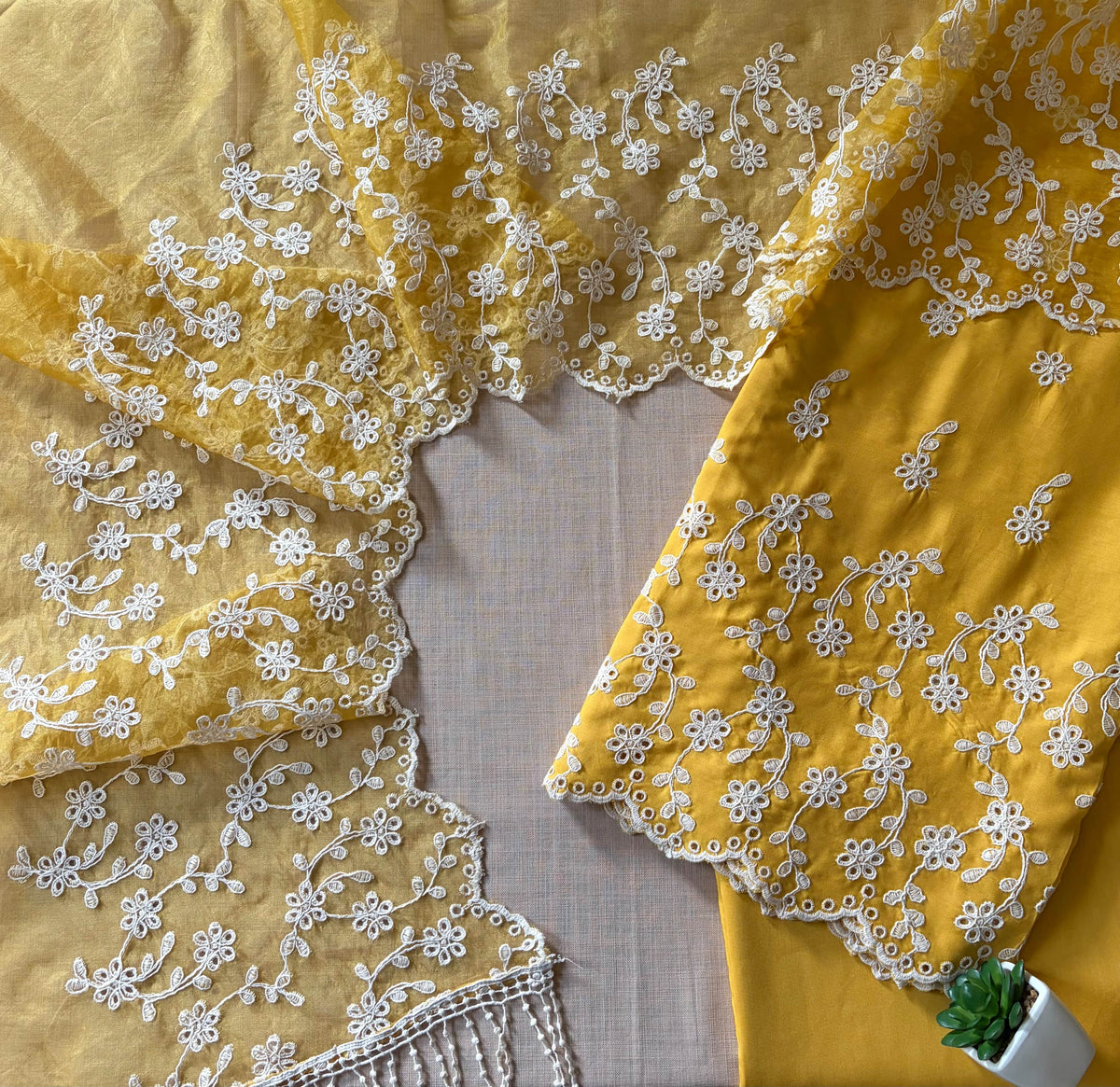 Mango Yellow with Cording Cut-Work Suit-Set