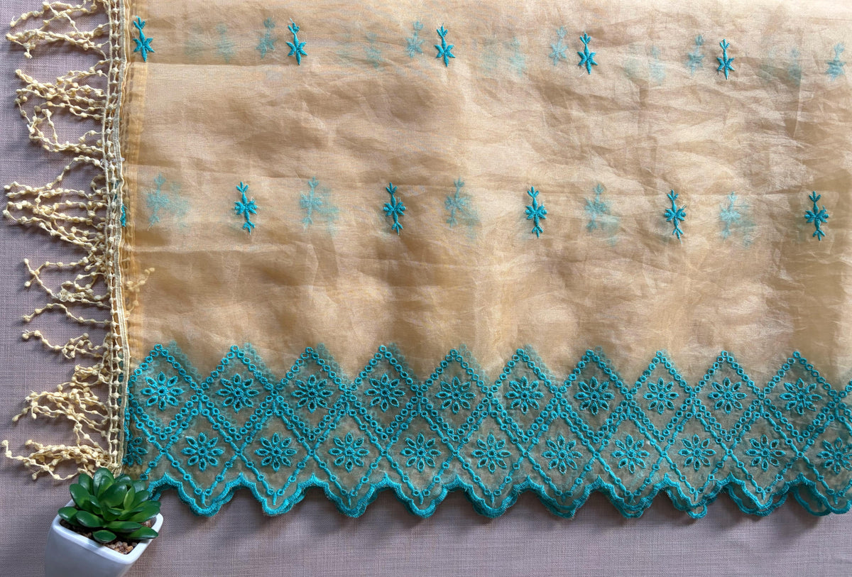 Pastel Yellow with Cyan Blue Cut-Work Suit-Set