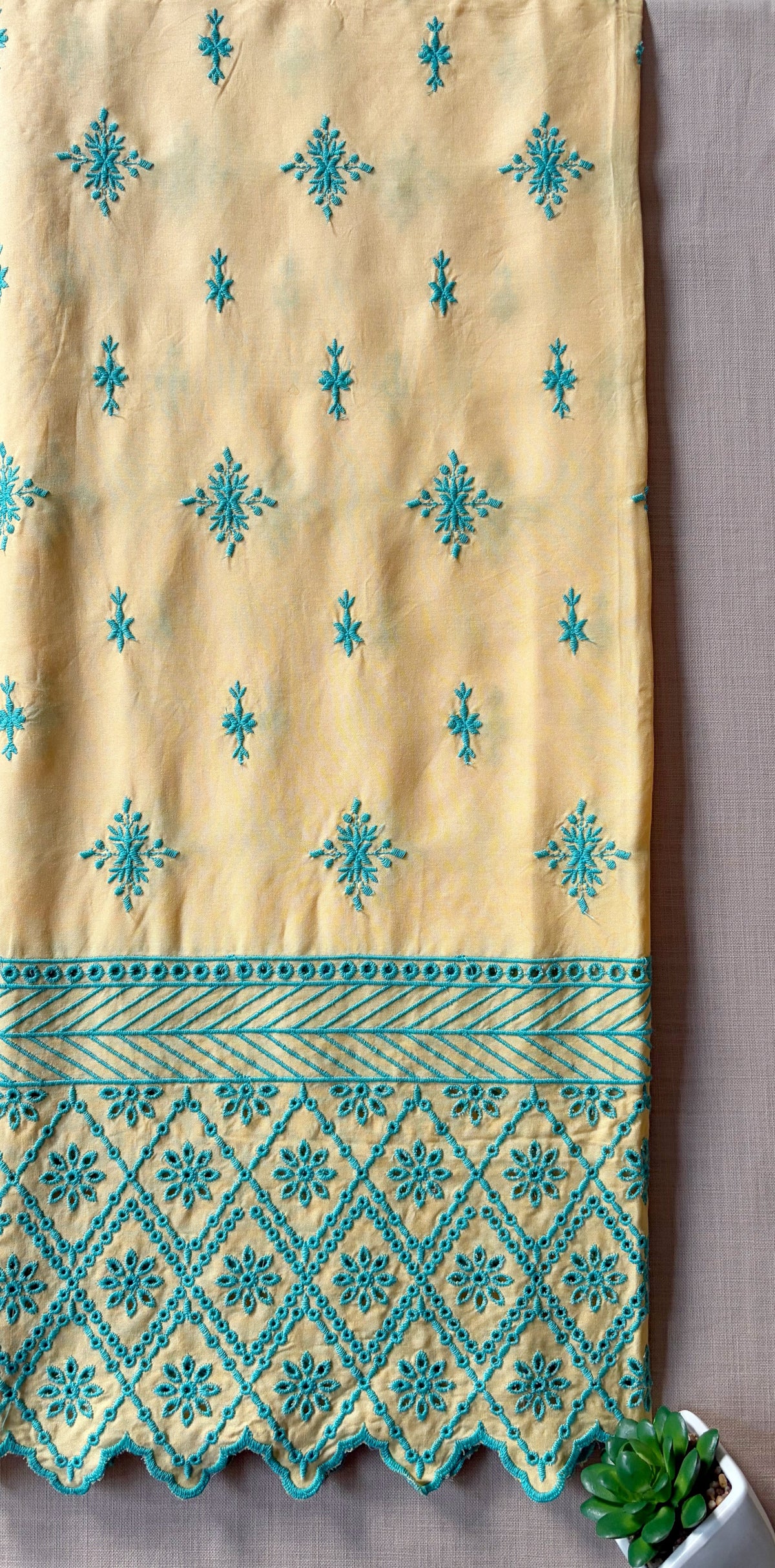 Pastel Yellow with Cyan Blue Cut-Work Suit-Set